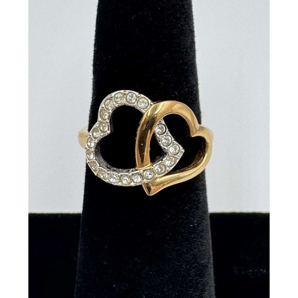 Swarovski Swan Signed‎ Match Ring Silver Gold Tone Pave Crystal Linked Hearts